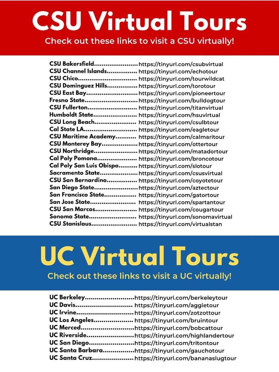 Senior students, here are links to virtual tours for UC and CSU. Check them out.