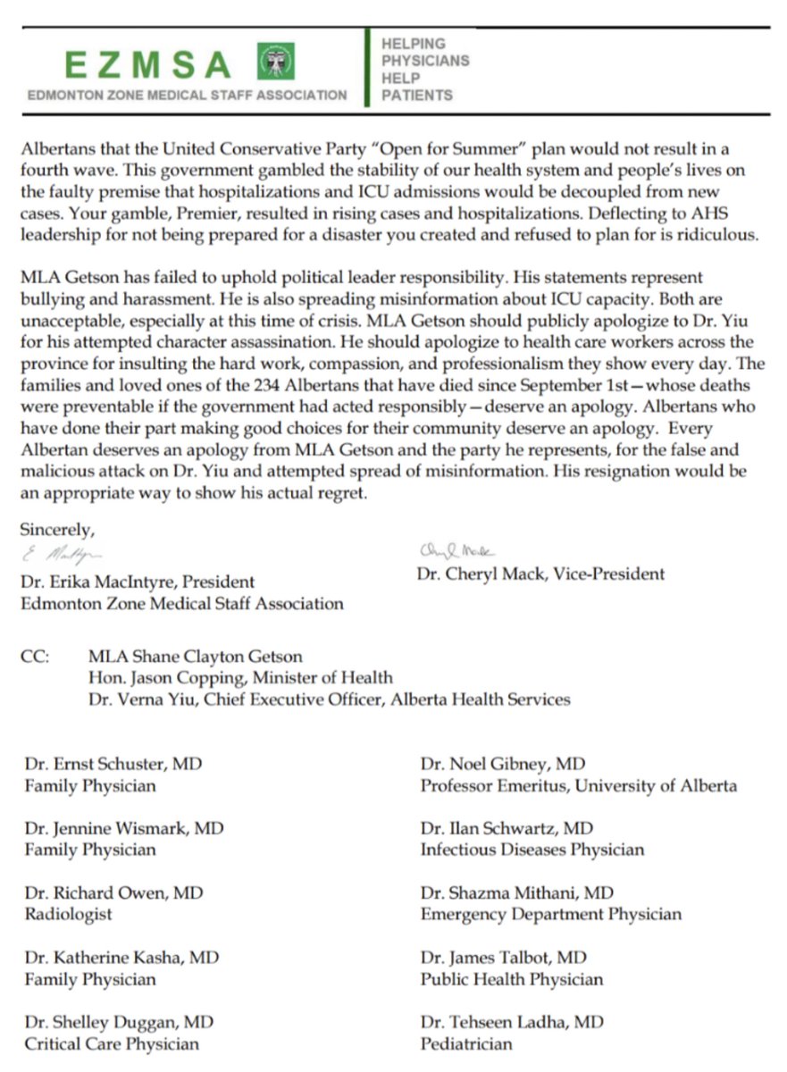 Edmonton Zone Medical Staff Association (@ezmsa2) on Twitter photo Sept 27/21
MLA Getson attack on <a href="/dryiu_verna/">Dr. Verna Yiu (she/her)</a>
Letter to <a href="/jkenney/">Jason Kenney 🇨🇦🇺🇦🇮🇱</a> here albertazmsa.com/ezmsa
Statements by Getson demonstrate his abysmal lack of public health & system understanding
<a href="/ErikaMacintyre/">Erika MacIntyre</a> <a href="/JennineWismark/">Jennine Wismark MD</a> <a href="/noelgibney/">Noel Gibney</a> @GermHunterMD @shazmamithani <a href="/TehseenLadha/">Dr. Tehseen Ladha (she/her)</a> <a href="/drslmd/">Shelley Duggan</a> Sept 27/21
MLA Getson attack on <a href="/dryiu_verna/">Dr. Verna Yiu (she/her)</a>
Letter to <a href="/jkenney/">Jason Kenney 🇨🇦🇺🇦🇮🇱</a> here albertazmsa.com/ezmsa
Statements by Getson demonstrate his abysmal lack of public health & system understanding
<a href="/ErikaMacintyre/">Erika MacIntyre</a> <a href="/JennineWismark/">Jennine Wismark MD</a> <a href="/noelgibney/">Noel Gibney</a> @GermHunterMD @shazmamithani <a href="/TehseenLadha/">Dr. Tehseen Ladha (she/her)</a> <a href="/drslmd/">Shelley Duggan</a>