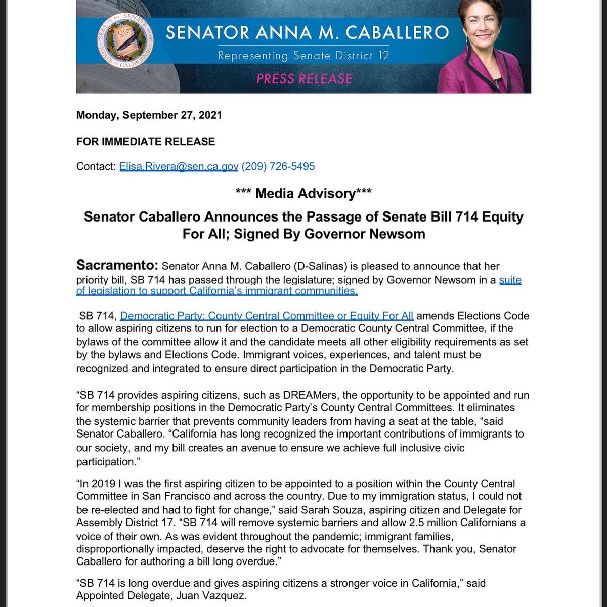 CASenCaballero's tweet photo. My bill, SB 714 provides aspiring citizens, such as DREAMers, the opportunity to be appointed and run for membership positions in the Democratic Party’s County Central Committees; eliminating the systemic barrier that prevents community leaders from having a seat at the table. https://t.co/9wqNiLjuzA