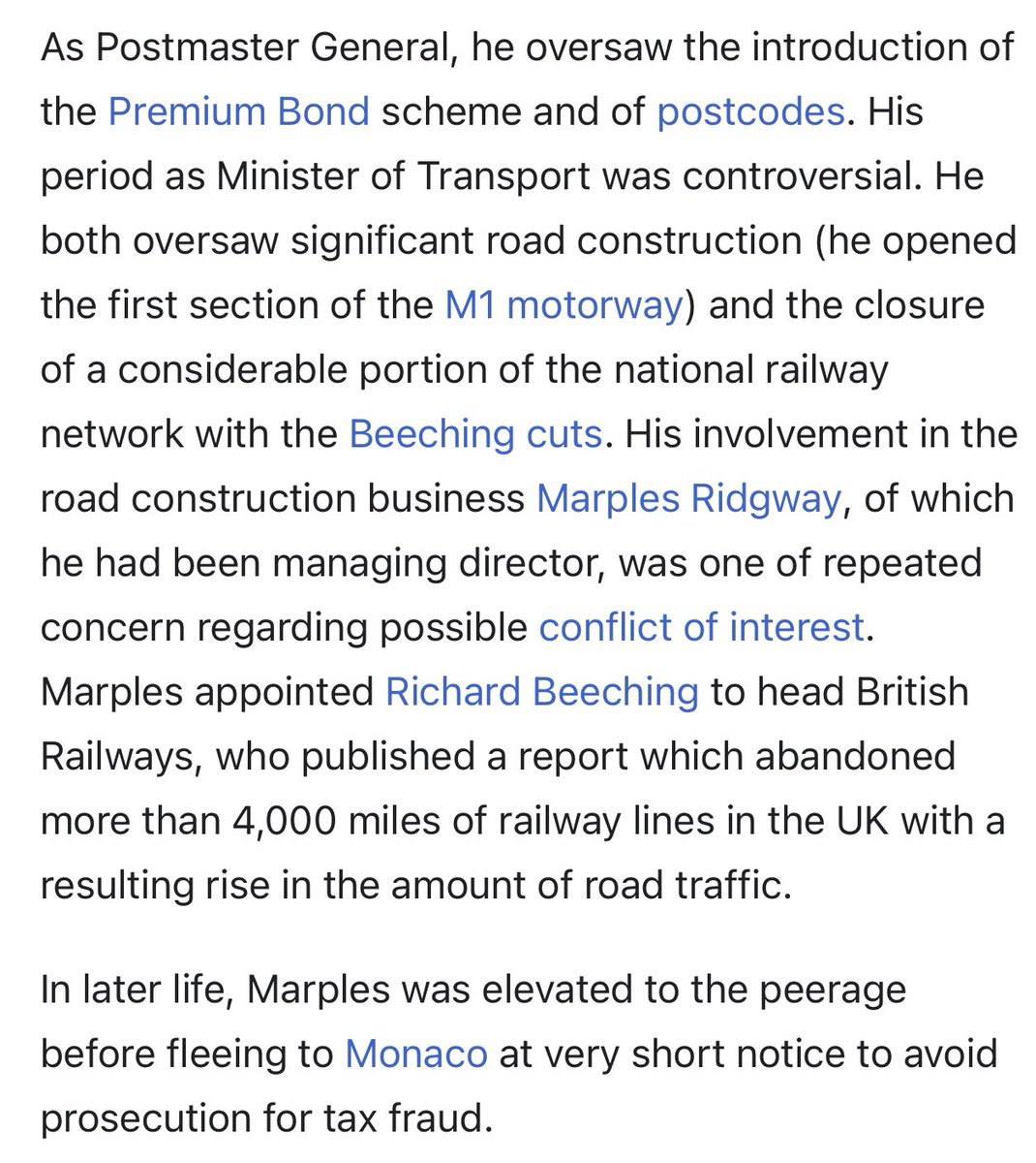 Rango1917's tweet image. Ernest Marples: Paving the way for Boris, Blair &amp;amp; Cameron. As transport minister he oversaw major road construction (M1 motorway) &amp;amp; closure of the railway network (#Beeching.) He was MD of Marples Ridgway, road construction firm - was made a lord, &amp;amp; fled the country to dodge tax!