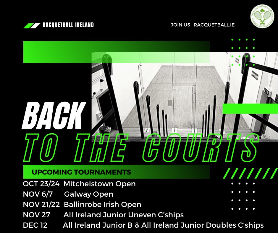racquetballire's tweet photo. LETS GET #BACKTOTHECOURTS
Good News -Tournaments are restarting this Oct!
First up is the Mitchelstown Open on the 23rd & 24th Oct!
Take a few minutes to become a registered player with Racquetball Ireland (inclusive of our injury insurance)
Join here: https://t.co/xQrZ1UK70T https://t.co/1Yk6BMrE7G