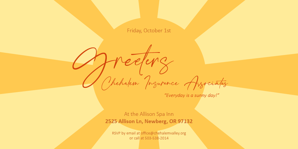 CVC_Commerce's tweet photo. Join us in person at the Alisson Spa Inn on Oct. 1st at 8 am! This weeks host is the Chehalem Insurance Associates! We're excited to see you all there 😊

#chehalemvalleychamber #chamberofcommerce #chehalemchamber #event #chehaleminsuranceassociates #alissonspainn #SupportLocal https://t.co/KONeIKk5si