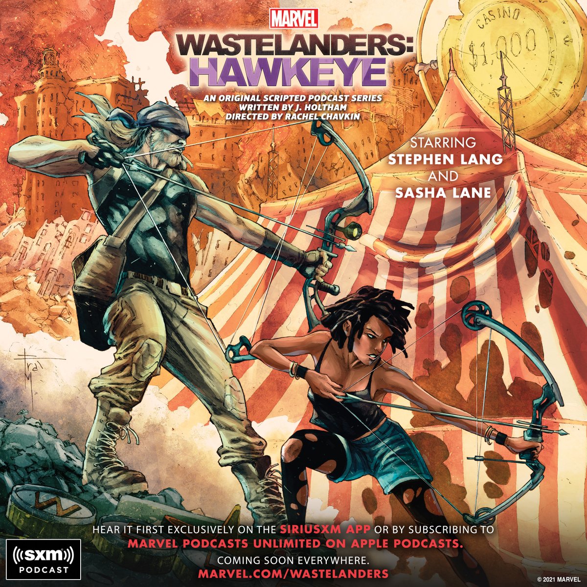 Marvel's tweet photo. Thirty years ago, the villains rose up and killed all the heroes. Well, all the heroes that mattered. 

Listen to the trailer for 'Marvel's Wastelanders: Hawkeye,' premiering October 4 on the @SiriusXM app and Marvel Podcasts Unlimited on @ApplePodcasts: https://t.co/PLWljcLvIT https://t.co/IgHy7mFFwJ