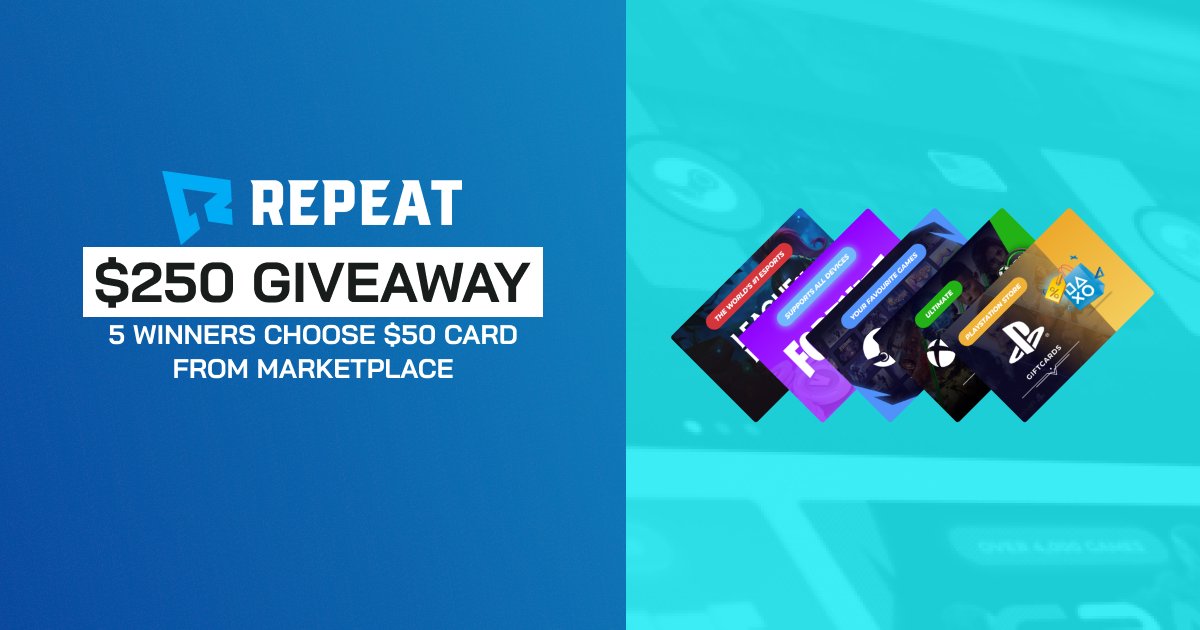 Repeatgg's tweet photo. We're giving away $250 to celebrate the launch of our new marketplace! 

5 winners will each win a $50 gift card of your choice. 

Enter the giveaway -> https://t.co/NocSziz4YC

Visit the marketplace to see all the awesome new changes - https://t.co/R4HlwdYGI2 https://t.co/lGXn4VyQmt
