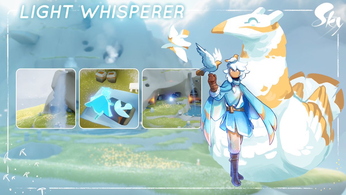 thatskygame's tweet photo. Meet the Light Whisperer, the first of 4 spirits to befriend in Season of Flight next #thatskygame adventure:

🧑‍⚕️ Caretaker of Light creatures
❤️‍🩹 Some of the creatures they've healed now call the Islands home
✨ Some mantas they've nurtured hang around
🐣 Youngest of the group https://t.co/YdtdU4P1Z2
