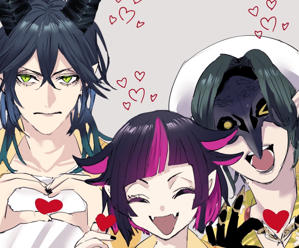 multiple boys pointy ears heart pink hair horns heart hands black hair  illustration images