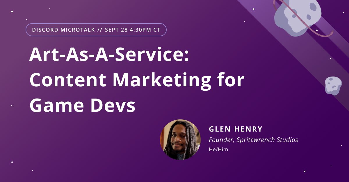 heyglitch's tweet photo. This week we’ve got a new Game Devs React, Future of Play Radio AND a Microtalk? Dang we’re really coming off of GDoC weekend strong… 😅 

Join us on Discord tomorrow at 4:30pm CT / 5:30 ET where @SpriteWrench will be giving a microtalk on Content Marketing for Game Devs! https://t.co/kGH6uqQ5TQ