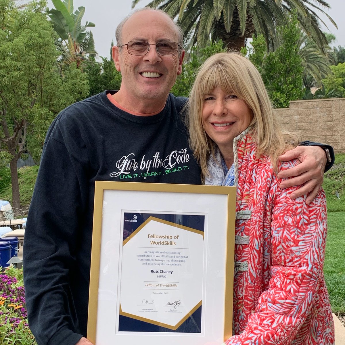 IAPMO's tweet photo. Former IAPMO CEO @gprusschaney and wife, Jutta, display the Fellowship of WorldSkills Award Chaney was presented on Monday via video by @WorldSkills International CEO David Hoey during IAPMO's 92nd annual Education and Business Conference #IAPMOconf https://t.co/GjCJhTxnDd
