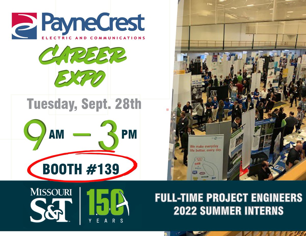 paynecrest's tweet photo. We will be at the @MissouriSandT #Career #Fair event tomorrow Sept. 28th from 9am-3pm. Come by and mingle with our team! #careers #electrical #projectengineers #university #internships #opportunityalert https://t.co/14BQiVOih0