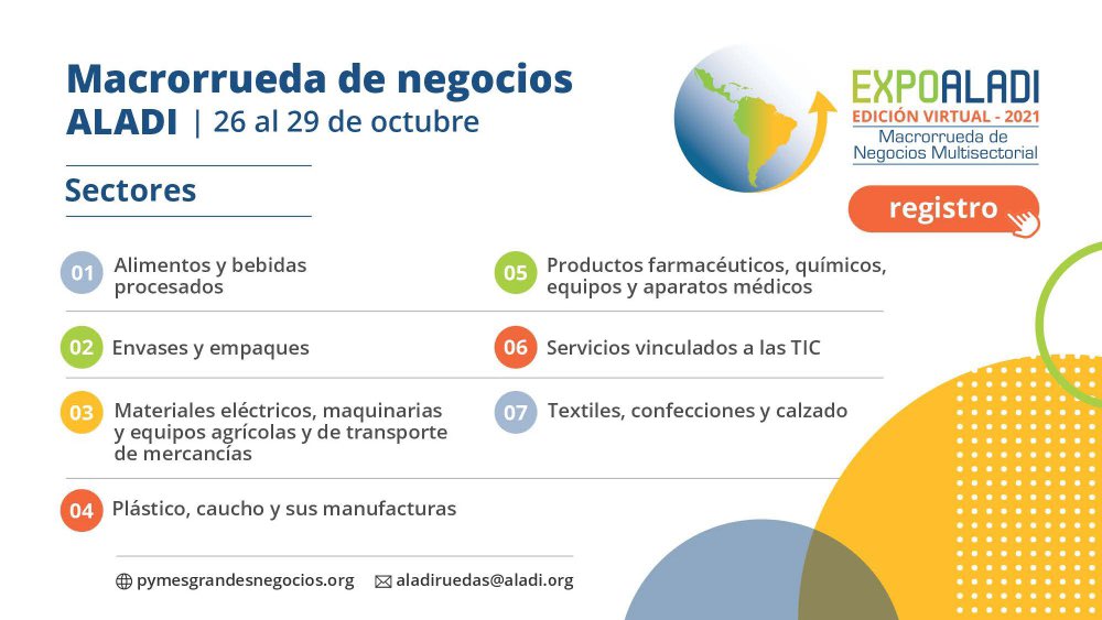 ¡<a href="/expoaladi/">EXPO ALADI</a> 2021! 👩🏻‍💻🌎🤝
Este importante evento de la <a href="/ALADI_SG/">ALADI</a> , ofrece oportunidades de negocios para exportadores de varios sectores ⬇️
Inscribe a tu empresa 🇪🇨 aquí:
🔗bit.ly/39d9SR3