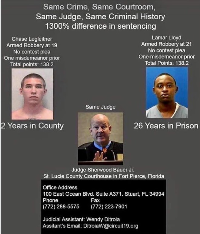 AttorneyCrump's tweet image. Chase Legleitner: pleaded no contest to an armed robbery with 1 prior misdemeanor and was sentenced to 2 years in county jail. 

Lamar Lloyd: pleaded no contest to an armed robbery with 1 prior misdemeanor and was sentenced to 26 YEARS in prison. 

#TwoAmericas