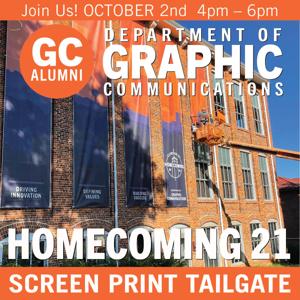 ClemsonGC's tweet photo. Hey Alumni!
Join us at the Screen Print Tailgate October 2nd from 4-6 PM in front of Godfrey! Come celebrate Homecoming ’21 and screen print your own Tiger Towel!
@ClemsonGC
#Godfrey #homecoming #homecoming21 #clemsongc #gcalumni #clemson #clemsonuniversity https://t.co/NqpFYxX2XS