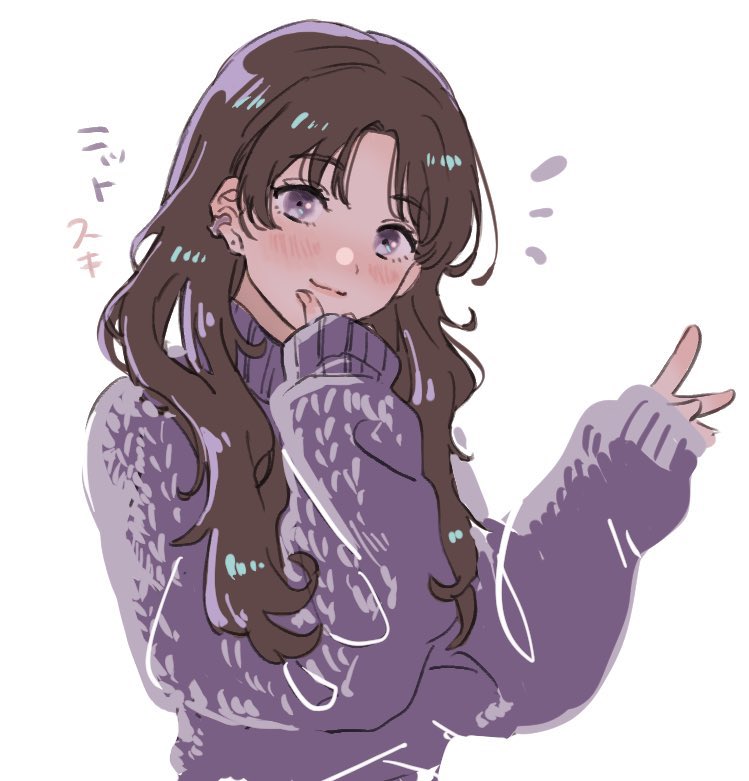 1girl solo sweater purple sweater blush piercing sleeves past wrists  illustration images