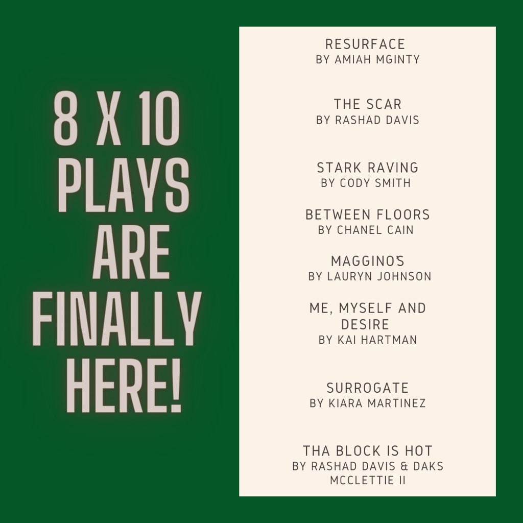 HowardPlayersHU's tweet photo. It’s that time of the night…..time to reveal this year’s selections for the 8 X 10 play festival! Thank you to everyone that submitted a play and congratulations to the 2021 8 X 10 playwrights! 🎭🥳 https://t.co/SlgBLFVgbi