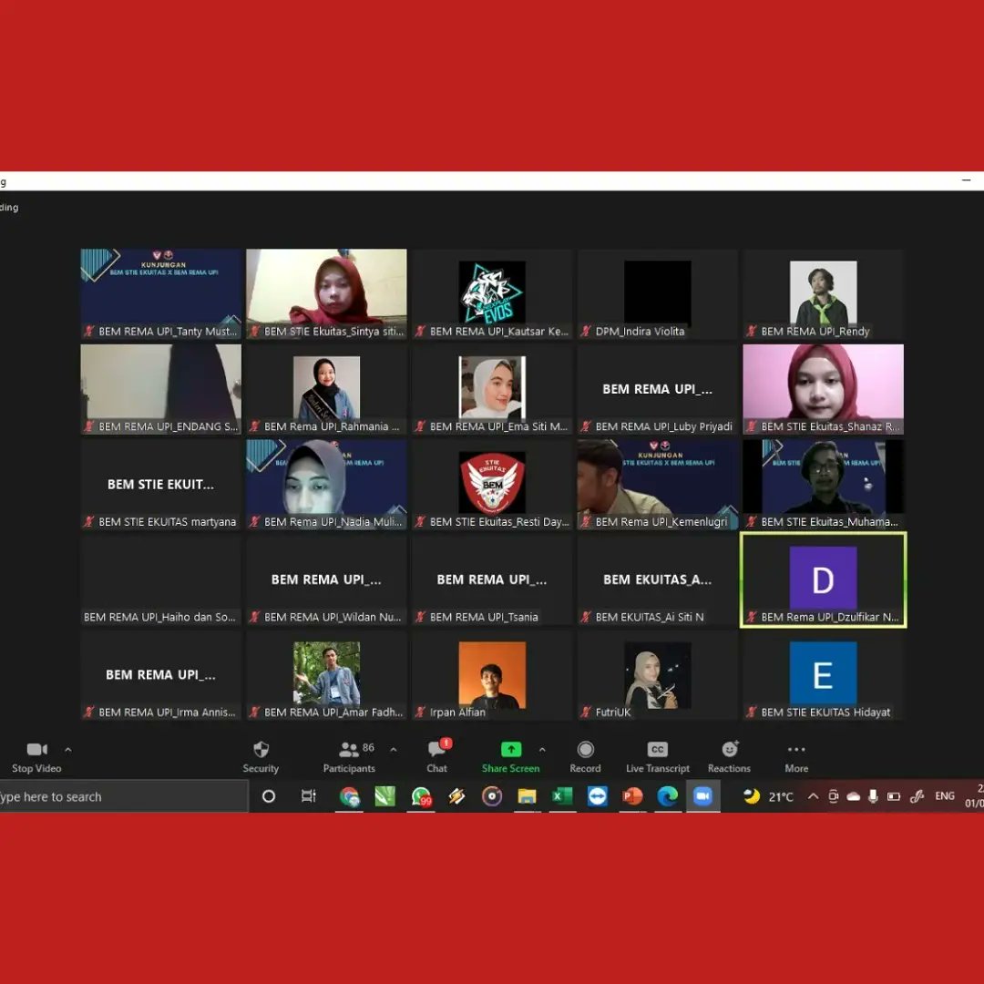 [KEMENTERIAN LUAR NEGERI]
[KUNJUNGAN BERSAMA BEM REMA UPI]

Berikut adalah dokumentasi Kunjungan BEM STIE Ekuitas dengan BEM REMA UPI yang dilaksanakan secara online melalui Zoom Meeting