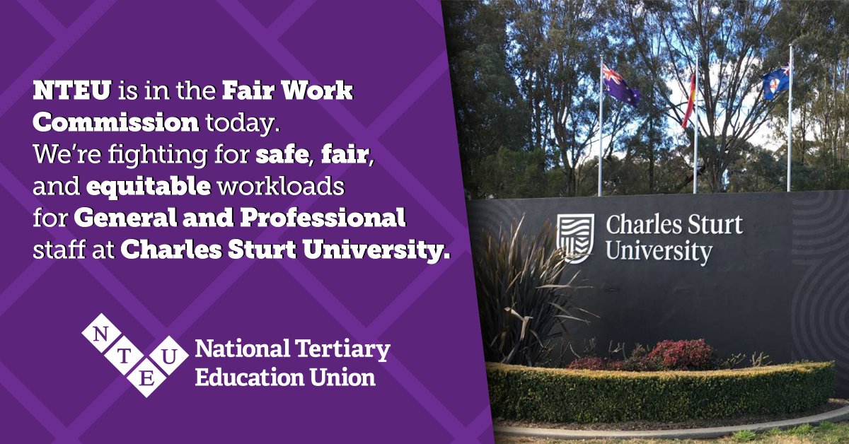 ✊ The NTEU is taking action today to secure fair workloads for General & Professional staff at Charles Sturt University.
💪 University staff: join NTEU so we can fight for better workloads together! nteu.org.au/join 
#securejobs #safeworkloads #savehighered #highered