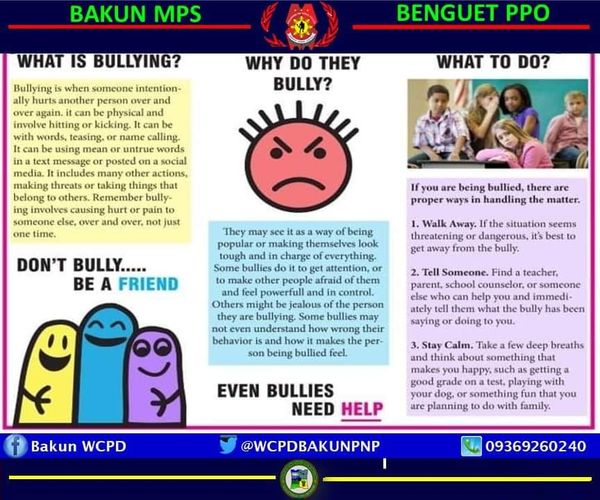PNPBenguetBakun's tweet photo. Bullying is never FUN!
No one deserves to feel worthless!
#BeaFriendnotaBully
#respectothersofwhotheyare
#PNPKakampiMo https://t.co/H0Uk2Drpfn