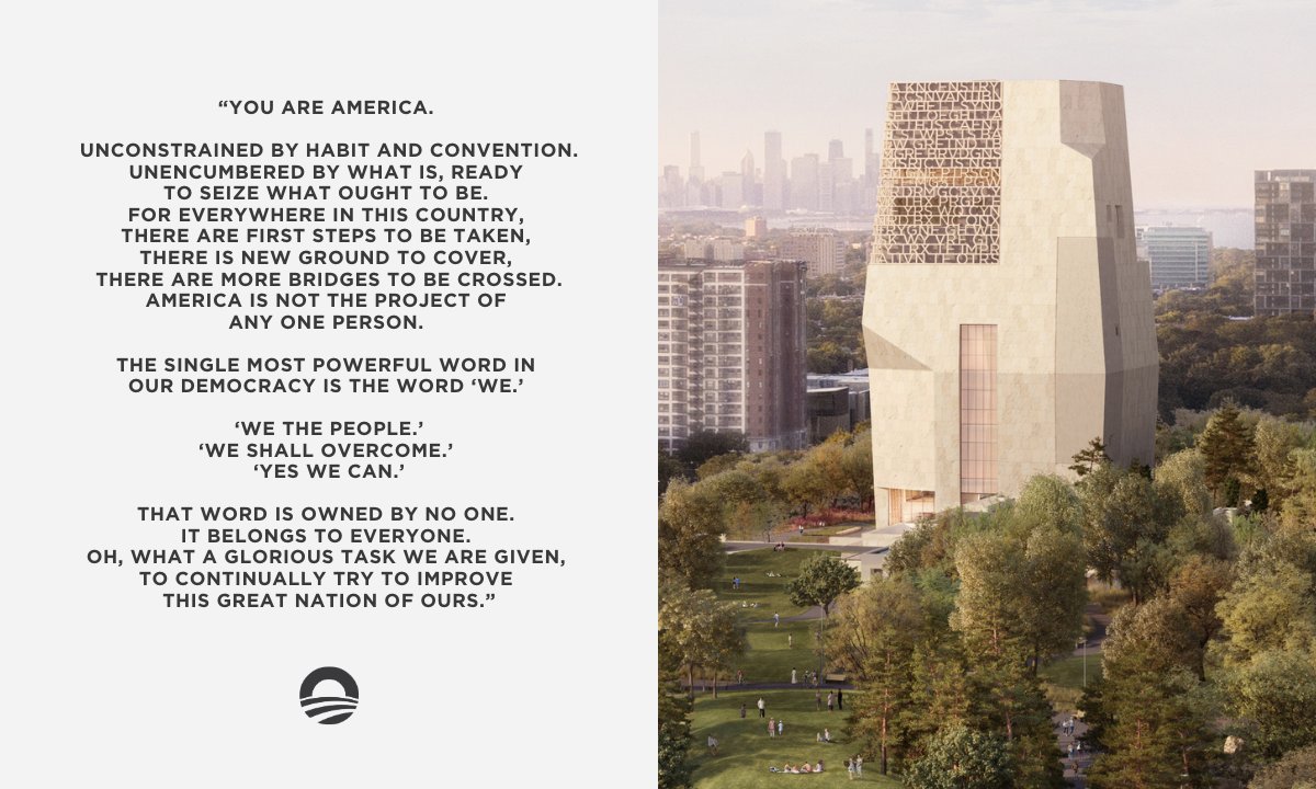 ValerieJarrett's tweet photo. "Oh, what a glorious task we are given, to continually try to improve this great nation of ours." - @BarackObama Join us Tuesday to celebrate the groundbreaking of the Obama Presidential Center! https://t.co/y2Zf0o7KbB