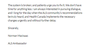 Merci <a href="/NormanMacIsaac/">Norman MacIsaac</a>
concernant l'échec de Santé Canada à examiner en priorité Relyvrio (appelé AMX0035) pour le traitement de la SLA au Canada.

more-than-als.com?  

#vaincrelaSLA 
#SLA 
#ALS 

Go envoyé votre message !
C’EST LE MOMENT D’AGIR 

als.ca/fr/defense-de-…?