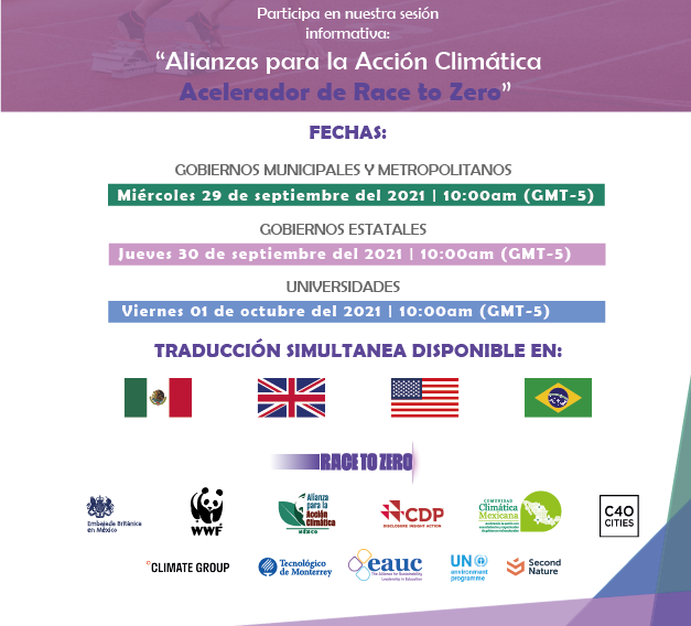 Seminarios en línea: Alianzas para la Acción Climática Acelerador de Race to Zero🏁🌡️.  ¡Regístrate! 
📌 Gob. municipales: 29 sept. 10am 
👉bit.ly/3nfgIh3
📌 Gob. estatales: 30 sept. 10am
👉bit.ly/3DYxlUi 
📌 Universidades: 01 oct 10am
👉 bit.ly/3DVNJVw