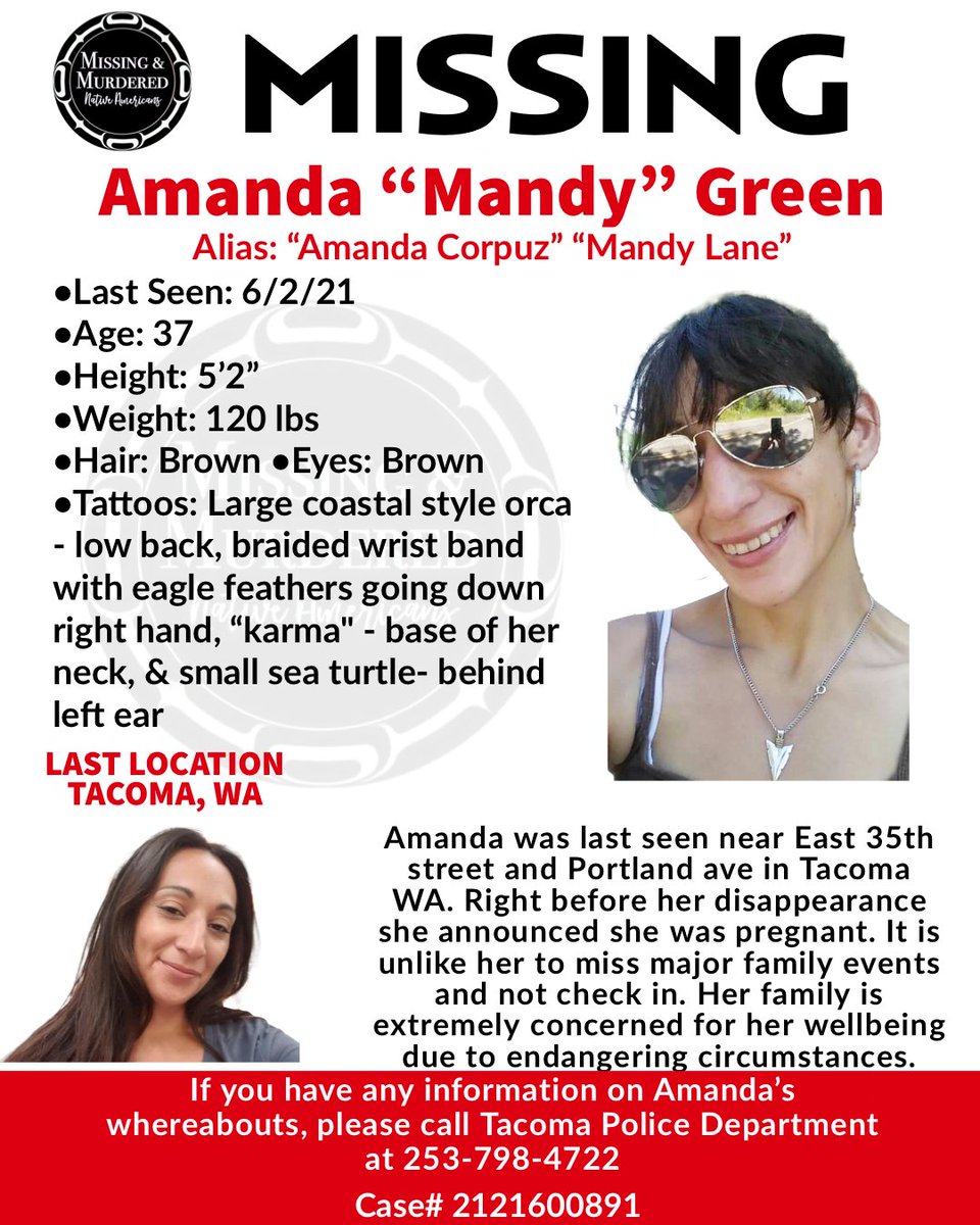 AGOWA's tweet photo. Amanda “Mandy” Green has been missing from Tacoma since June 2. She was last seen near East 35th St. and Portland Ave. She is pregnant, and her family is concerned for her well-being. If you have any information, contact the Tacoma Police at 253-798-4722. https://t.co/8NB8I7Usfm