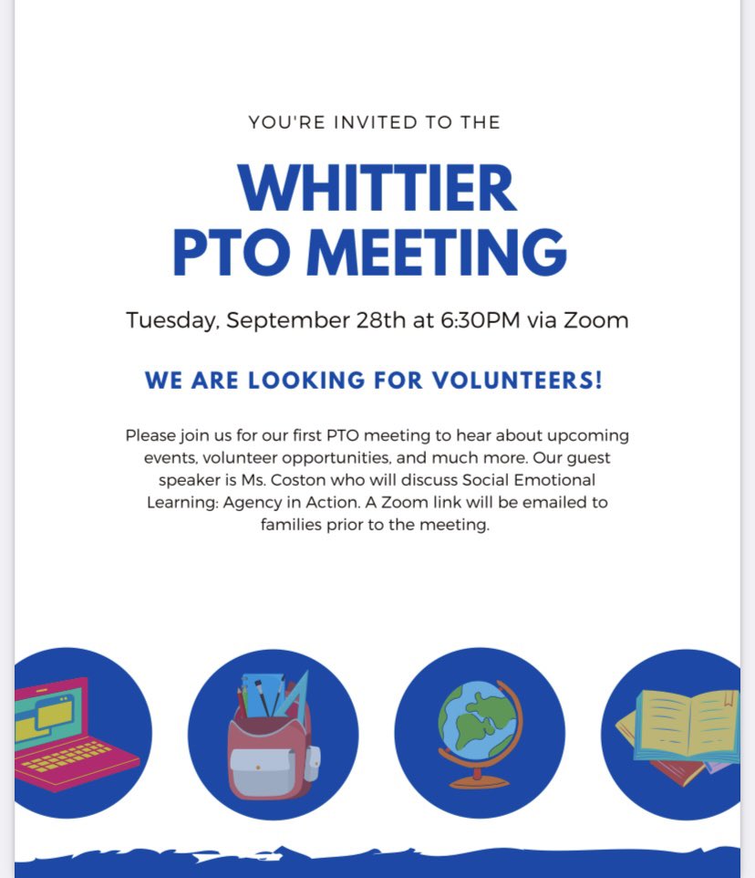 Please join us on Tuesday, September 28 at 6:30 for our 1st PTO meeting.  Meeting will be held via zoom. Please check your email for the link.