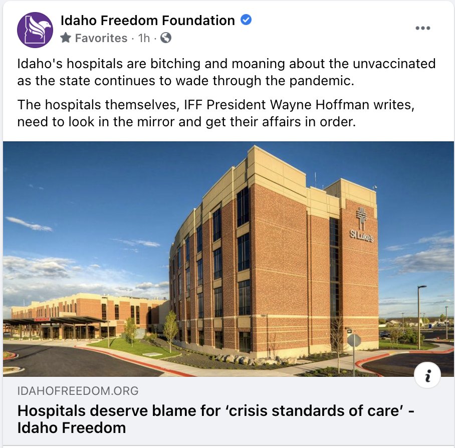 RadioDawson's tweet photo. The Idaho Freedom Foundation says hospitals are “bitching and moaning” about the substantial amount of unvaccinated COVID-19 patients who have swarmed emergency rooms and intensive care units when their bed space hasn’t grown as much as the total population #idpol #idahoCovid19 https://t.co/QGiGMLM1RW