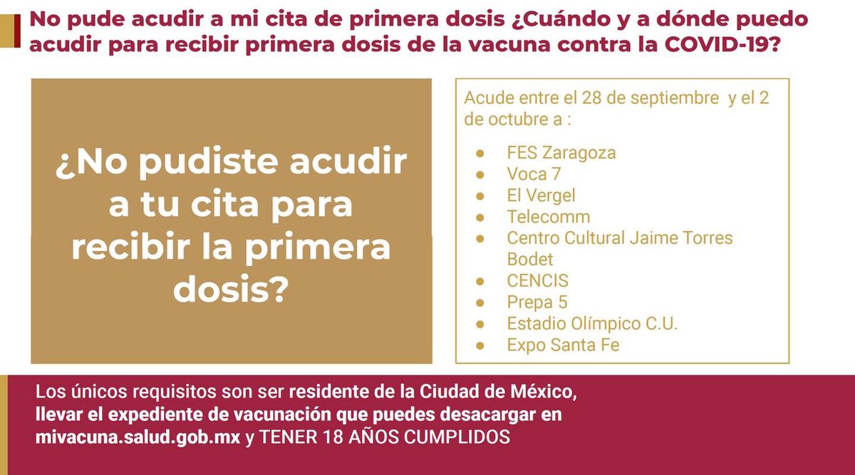 Si no acudiste a recibir la primera dosis de vacuna contra Covid 19 cuando te tocaba, las autoridades de <a href="/SSaludCdMx/">Secretaría de Salud Pública de la Ciudad de México</a> abrieron más fechas y sedes. Vacúnate del 28 de septiembre al 2 de octubre en estos centros de vacunación 👇Cuídate y nos cuidamos todos.