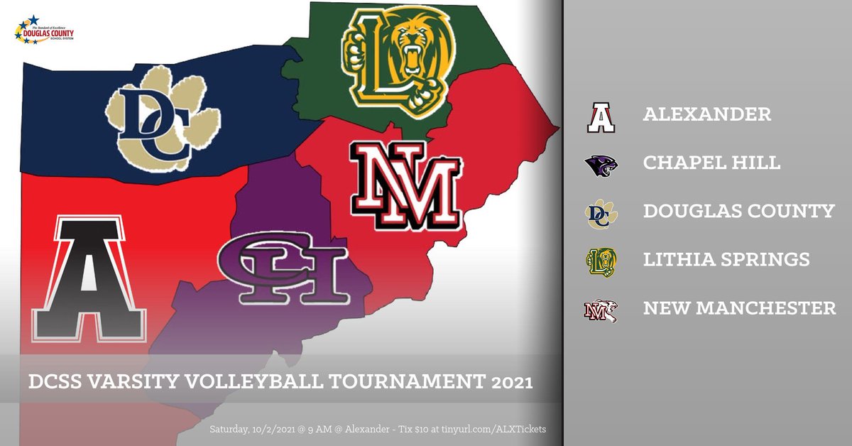 ALXAthletics's tweet photo. Come check out the @DCGASchools Varsity Volleyball Championship featuring @AlxVolleyball , @chapelhillhs @DCAthletics1  @SpringsLithia and @nmhsjagstrong this Saturday, 10/2 at 9 AM at Alexander. $10 Tix available NOW on https://t.co/bcCO1aVqOv. https://t.co/FQ94QEguJO