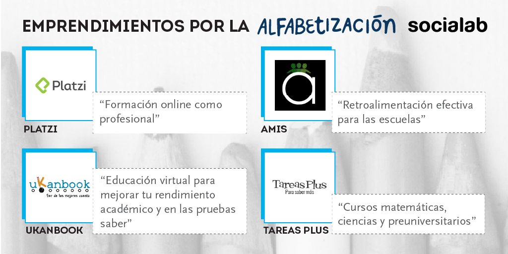 Para continuar con el tema del mes la #alfabetización. Conoce los emprendimientos que se están poniendo la 10. <a href="/platzi/">Platzi</a> <a href="/ukanbook/">ukanbook</a> <a href="/tareasplus/">Tareasplus</a>
Inscríbete a nuestro Mini Blog sobre la #alfabetizacion y el #emprendimiento, y conoce más emprendimientos. socialab.com/co/es/hippieta…
