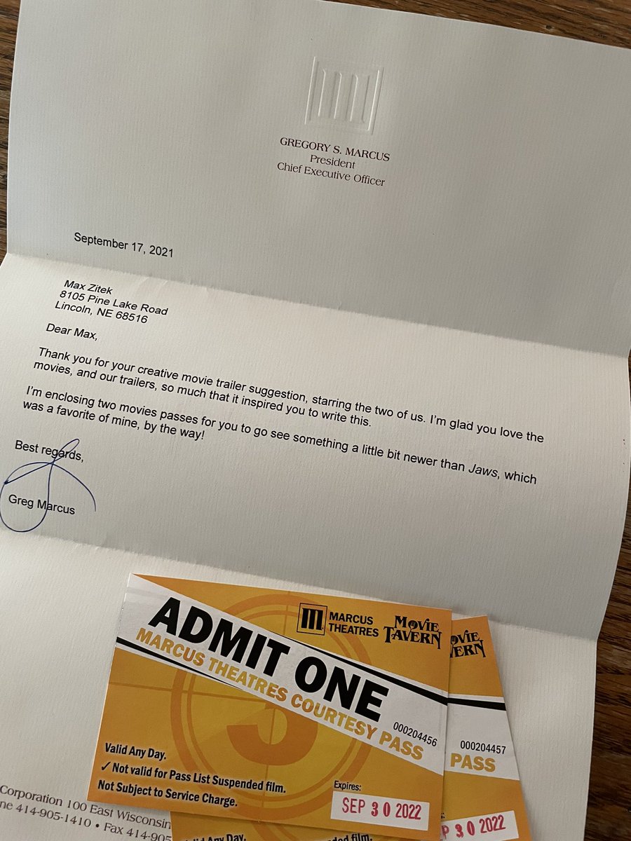 TheRealMaxZitek's tweet photo. Got a letter in the mail today from a personal inspiration of mine, Greg Marcus, after I presented him with a movie script while he was in town.

Thank you so much to @greglovesmovies and @Marcus_Theatres for the letter and for making the movies magical! Much love from NE♥️🍿 https://t.co/e1f4AAWWlS