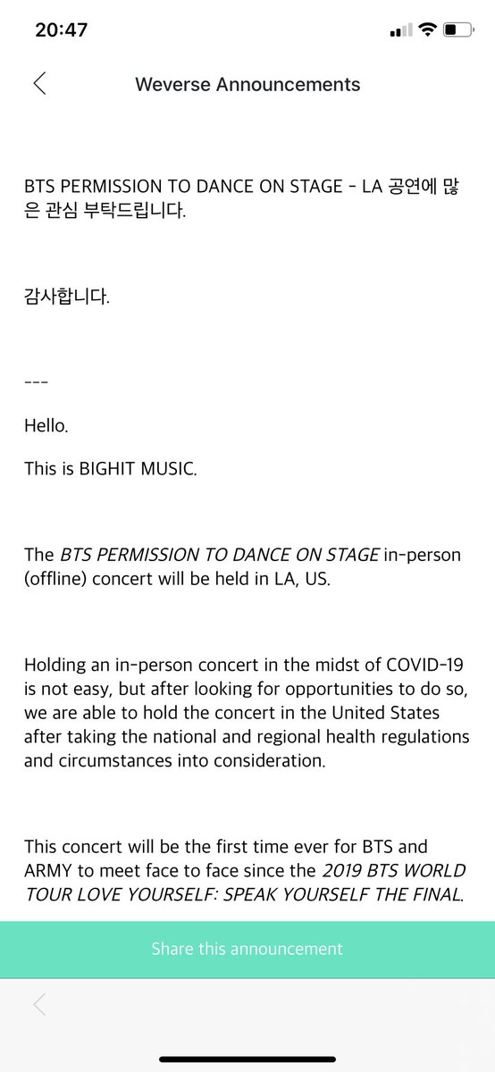 BeyondTheSea613's tweet photo. 🚨 BTS hará un show presencial en Los Angeles los dias 27 y 28 de Nov y el 1 y 2 de Dic.
Este show sera la primera vez que BTS y ARMY se encontrarán cara a cara desde LOVE YOURSELF: THE FINAL.

Nos pone muy felices saber que ya se empiezan a planear concierto de @BTS_twt 💜💜 https://t.co/FMy4uoIDrp