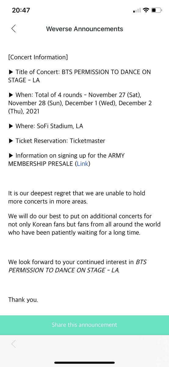 BeyondTheSea613's tweet photo. 🚨 BTS hará un show presencial en Los Angeles los dias 27 y 28 de Nov y el 1 y 2 de Dic.
Este show sera la primera vez que BTS y ARMY se encontrarán cara a cara desde LOVE YOURSELF: THE FINAL.

Nos pone muy felices saber que ya se empiezan a planear concierto de @BTS_twt 💜💜 https://t.co/FMy4uoIDrp