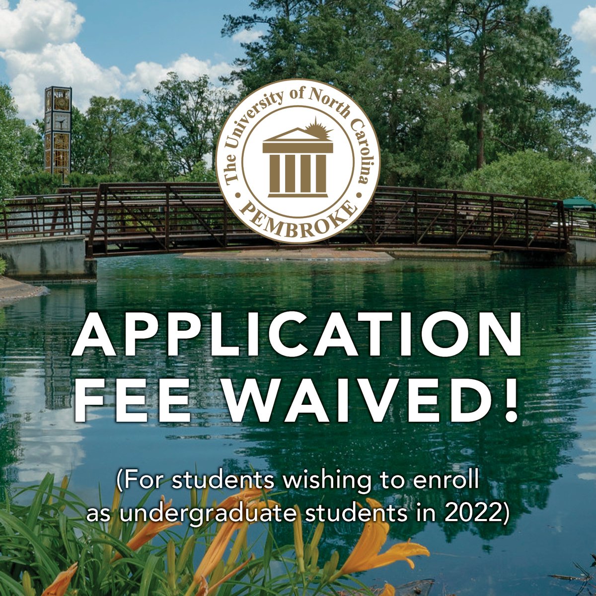 Applying to #UNCP is easier than ever! University officials announced they are waiving the application fee for students wishing to enroll as undergraduate students in 2022. Apply now at uncp.edu/apply. uncp.edu/news/unc-pembr…