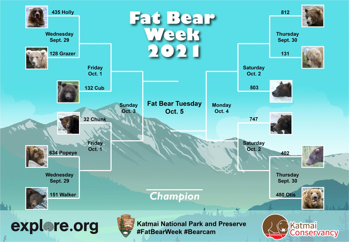 The official bracket is here! Feast your eyes on this year’s tournament of the titans of tonnage! Who do you think will make it to the finals on Fat Bear Tuesday? Comment with your predictions. Fat Bear Week is Sept 29 - Oct 5. Vote at fatbearweek.org. #FatBearWeek