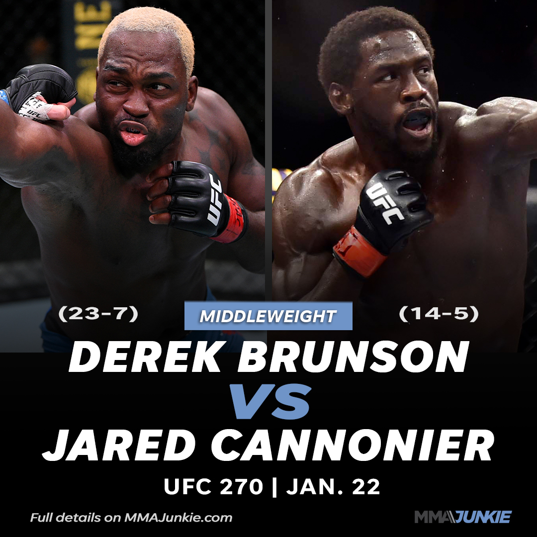 MMAJunkie's tweet photo. #BREAKING: Derek Brunson vs. Jared Cannonier in a likely 185-pound title eliminator is on tap for the UFC's first PPV card of 2022.

News via @MMAJunkieJohn.

#UFC270 | Full story: https://t.co/5heN9e53Eg https://t.co/Jo2JL4RahL