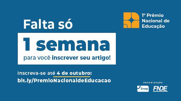 EnapGovBr's tweet photo. Ainda dá tempo de submeter seu artigo!
O prazo final de inscrições é daqui a uma semana, ou seja, 4 de outubro
Link para inscrição: https://t.co/BCBalTpbTv https://t.co/25wOtoQ8cK