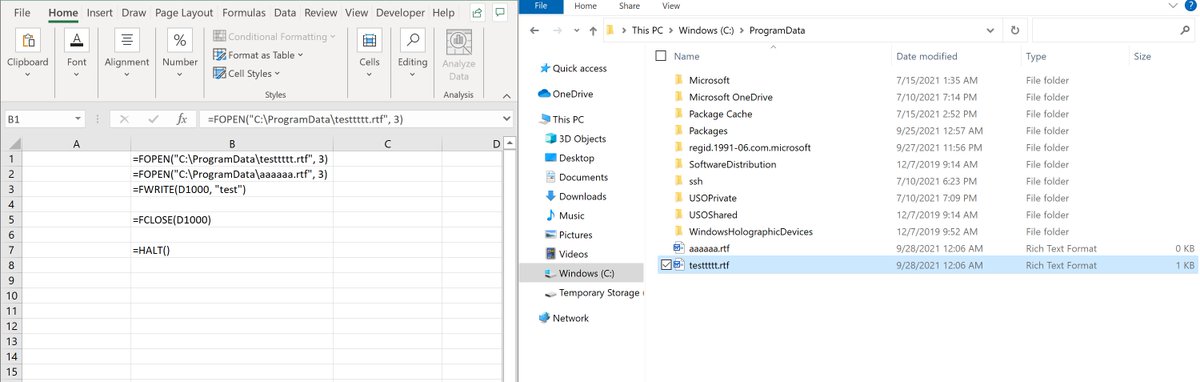DissectMalware's tweet image. Mind blowing!

In Excel 4.0 macro, if the first argument passed to #FWRITE or #FCLOSE is an empty cell, the first open handle will be used!

D1000 is an arbitrary cell