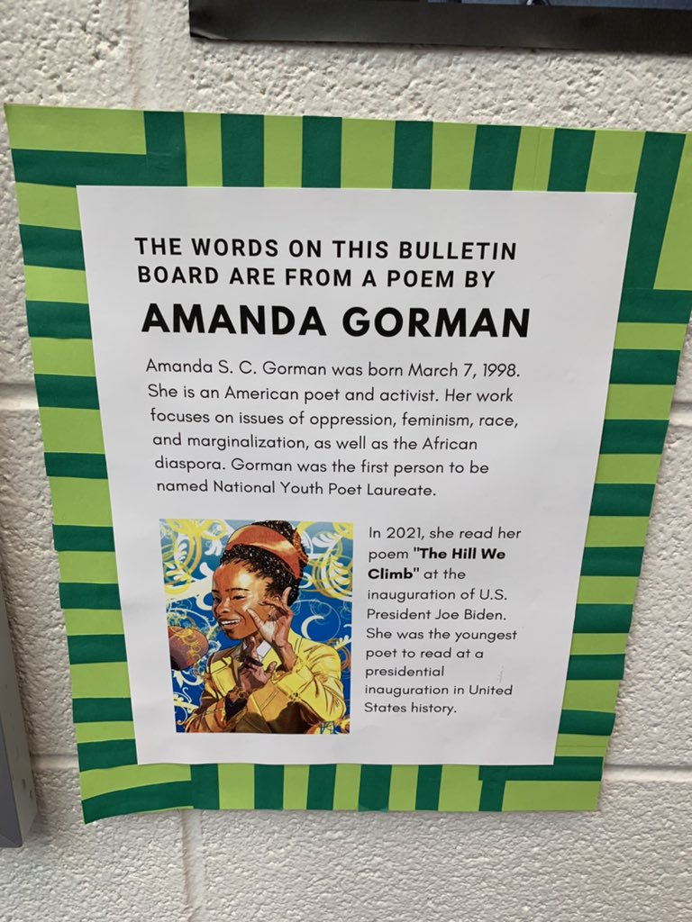 GunstonLibrary's tweet photo. Our artist in residence and lovely library assistant Ms. Muntain made this beautiful bulletin board inspired by @TheAmandaGorman #APSlibraries @APSGunston https://t.co/5hsVqN3N0v
