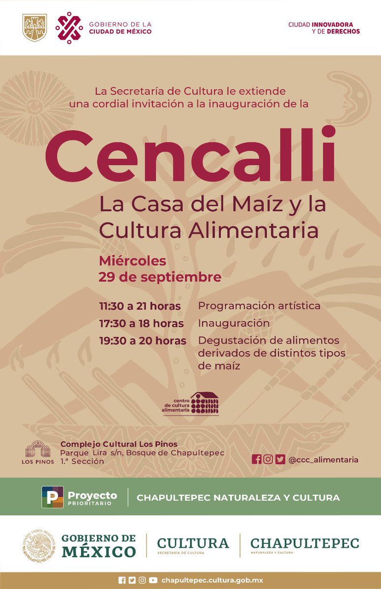 CulturaCiudadMx's tweet photo. Este 29 de septiembre, celebraremos el #DíaNacionalDelMaíz con la apertura del Cencalli, La Casa del Maíz y La Cultura Alimentaria, en el @CC_LosPinos, Bosque de @ChapultepecCDMX

Habrá más de 80 artesanas y artesanos y productores de diversas localidades. ¡Te esperamos! https://t.co/nPPx7TWhm1