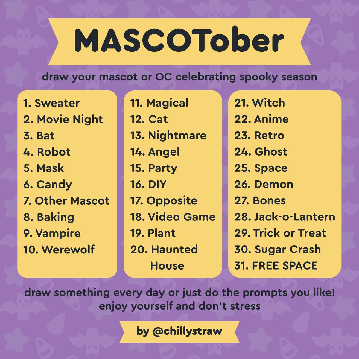 chillystraw's tweet image. I’ve not found a prompt list for #drawtober2021 I liked so I made my own ⭐️🦇 

Please feel free to use this list if you like and I’d love to be tagged too 🎃🍬