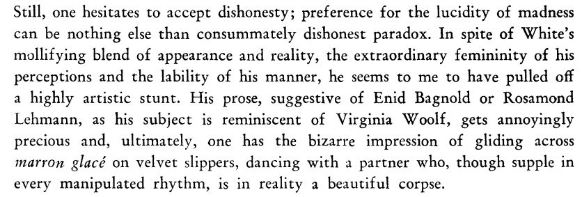 HamFuneral's tweet photo. Gorgeous melodrama in this 1948 review by Vernon Young (for @TheHudsonReview) of Patrick White's "The Aunt's Story":
"[O]ne has the bizarre impression of...dancing with a partner who, though supple in every manipulated rhythm, is in reality a beautiful corpse."
#patrickwhite https://t.co/57Pxx6fybg