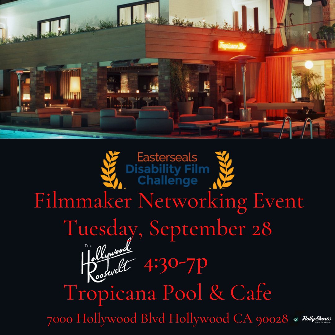 DisabilityChall's tweet photo. Tomorrow September 28th at 4:30pm @hollyshorts is hosting a @DisabilityChall filmmaker reception at the
Roosevelt Tropicana pool bar and cafeteria. Before you come to the reception make sure to see our winning films on the big screen at the @ChineseTheatres at 12pm. https://t.co/QyPdeMvLSP
