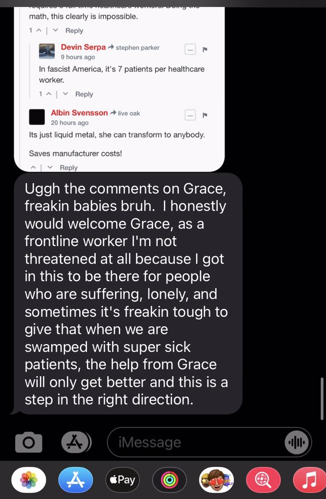 ieGoose's tweet photo. A text from a very good friend of mine who is a nurse practitioner and frontline worker talking about how important Grace is from #SingularityNET.
Great job @bengoertzel, @singularity_net and @hansonrobotics!
#AwakeningHealth https://t.co/aSleyzdqiZ