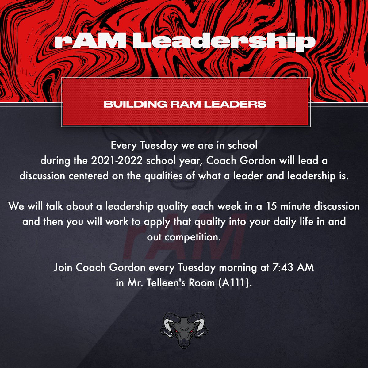 greenecntyrams's tweet photo. Set your alarm.  

12 hours until tomorrow's rAM Leadership.  

Every week is a stand alone lesson.  If you haven't been to one yet don't let that keep you from starting.  The first step is the most important step.  

#RamPride 
#RamTough
#rAMLeadership https://t.co/GMwpwRDTsP