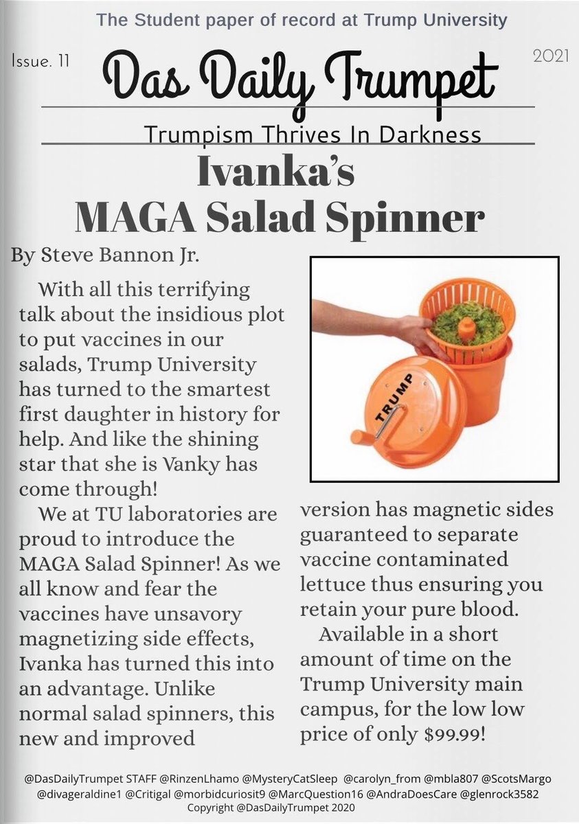 DasDailyTrumpet's tweet photo. DAS DAILY TRUMPET:
The near total news source for the near totalitarian in your life. And brought to you by the fine student journalists of Trump U! Follow us at @DasDailyTrumpet 

After salad dressing, they have moved on to the vegetables as well. Well, Vanky's got you covered! https://t.co/ewp4BfADlc