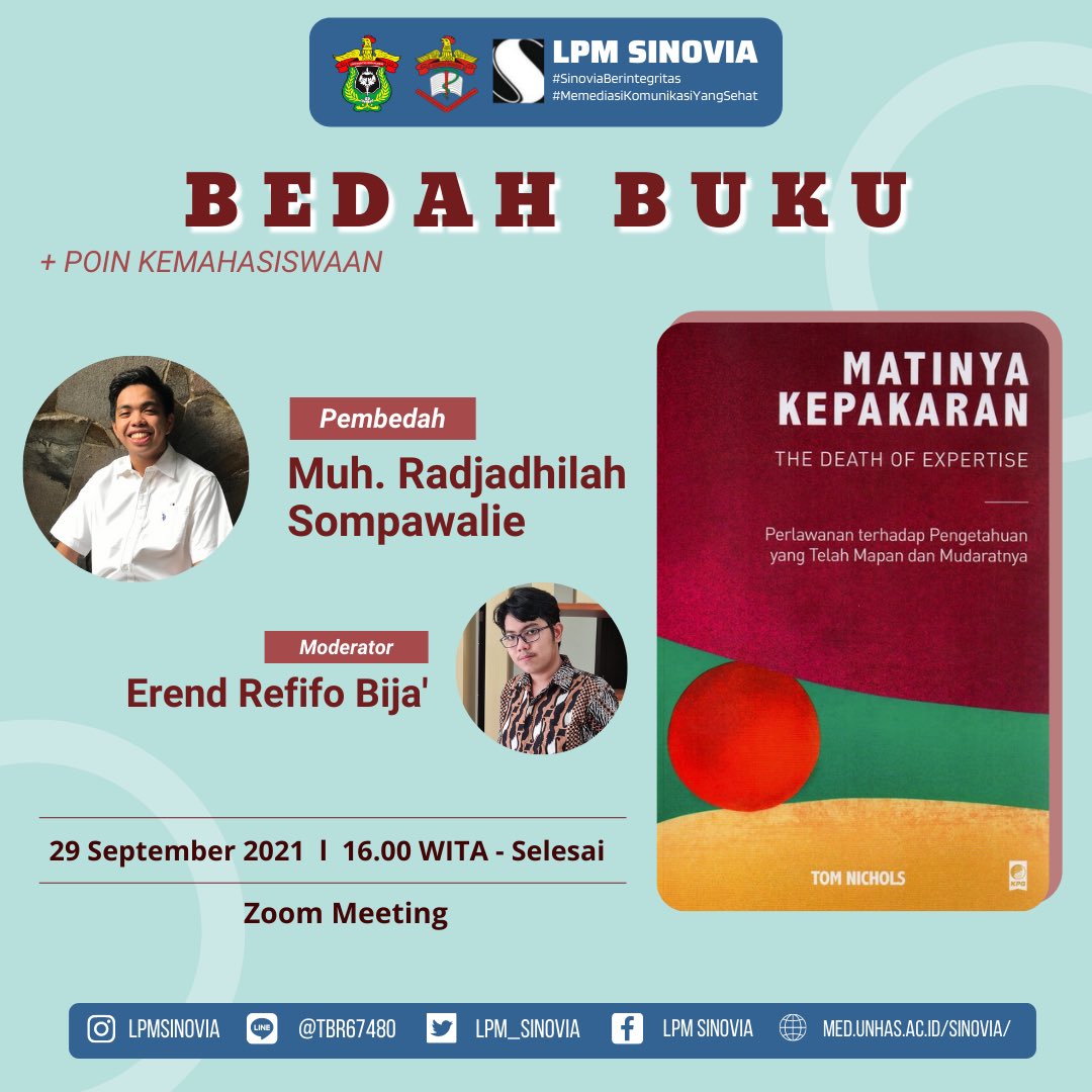 [BEDAH BUKU #3 SINOVIA]

Kami dari LPM Sinovia menghadirkan Bedah Buku #3 Sinovia yang akan dilaksanakan pada:

📅 Rabu, 29 September 2021
⏰ 16.00 WITA - Selesai
📍 Zoom Meeting
+ POIN KEMAHASISWAAN

us02web.zoom.us/j/83352241732?…

Meeting ID: 833 5224 1732
Passcode: SINOVIA