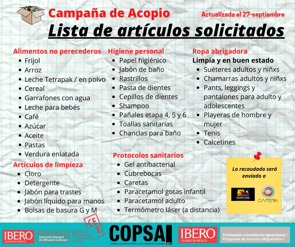 📢¡#Atención! Desde la comunidad de La Ibero abrimos Campaña de acopio para ayudar a los albergues de la CDMX a brindar la mejor ayuda posible a las personas migrantes y solicitantes de asilo

📍Hay centros de acopio en <a href="/elCeX_mx/">CEX</a> y <a href="/COPSA_Ibero/">COPSA Ibero CDMX</a>
Consulta la lista de artículos 👇🏽