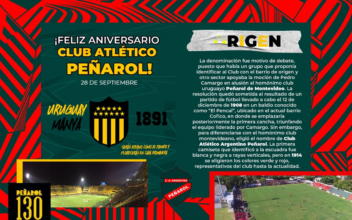 CAAPenarol's tweet photo. 🎂 El Club Atlético Argentino #Peñarol 🇦🇷 saluda y felicita al Club Atlético #Peñarol 🇺🇾, institución que dio origen a nuestro nombre y a parte de nuestra historia. ¡Felices 130 años de grandeza! ¡Felicidades, Carboneros!

💚❤ #SomosPeñarol 🖤💛
#130AñosDeGloria 
@OficialCAP https://t.co/uzsqKhXqdX