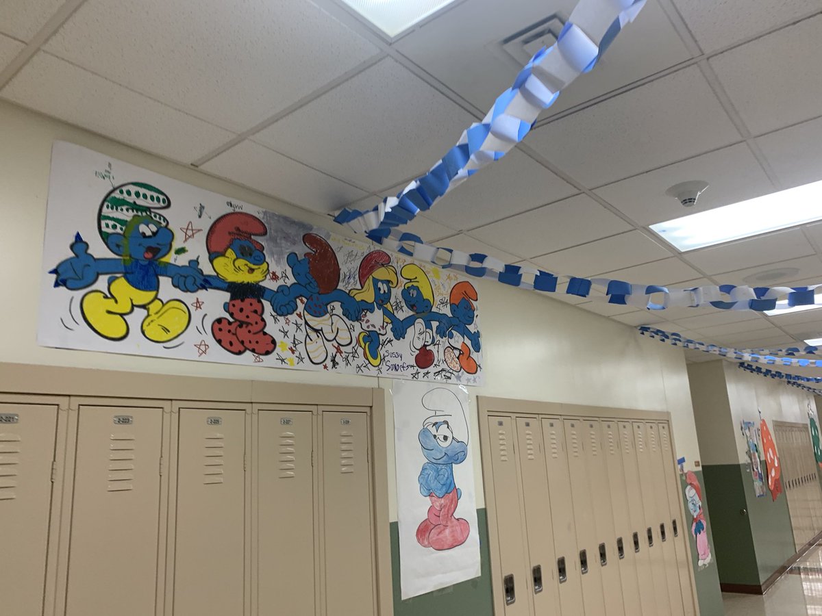 Our team’s amazing #smurf hallway! As Papa Smurf says, “it doesn’t matter where you came from…it matters who you choose to be.” #team #middleschool #WeArePlainedge